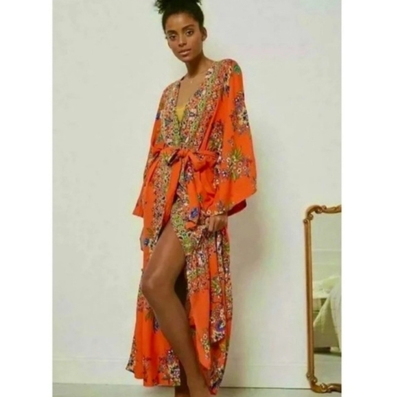 Anthropologie Dresses & Skirts - Anthropologie Emmanuel Maxi Dress Kimono Robe Boho Floral Bohemian Orange 1X